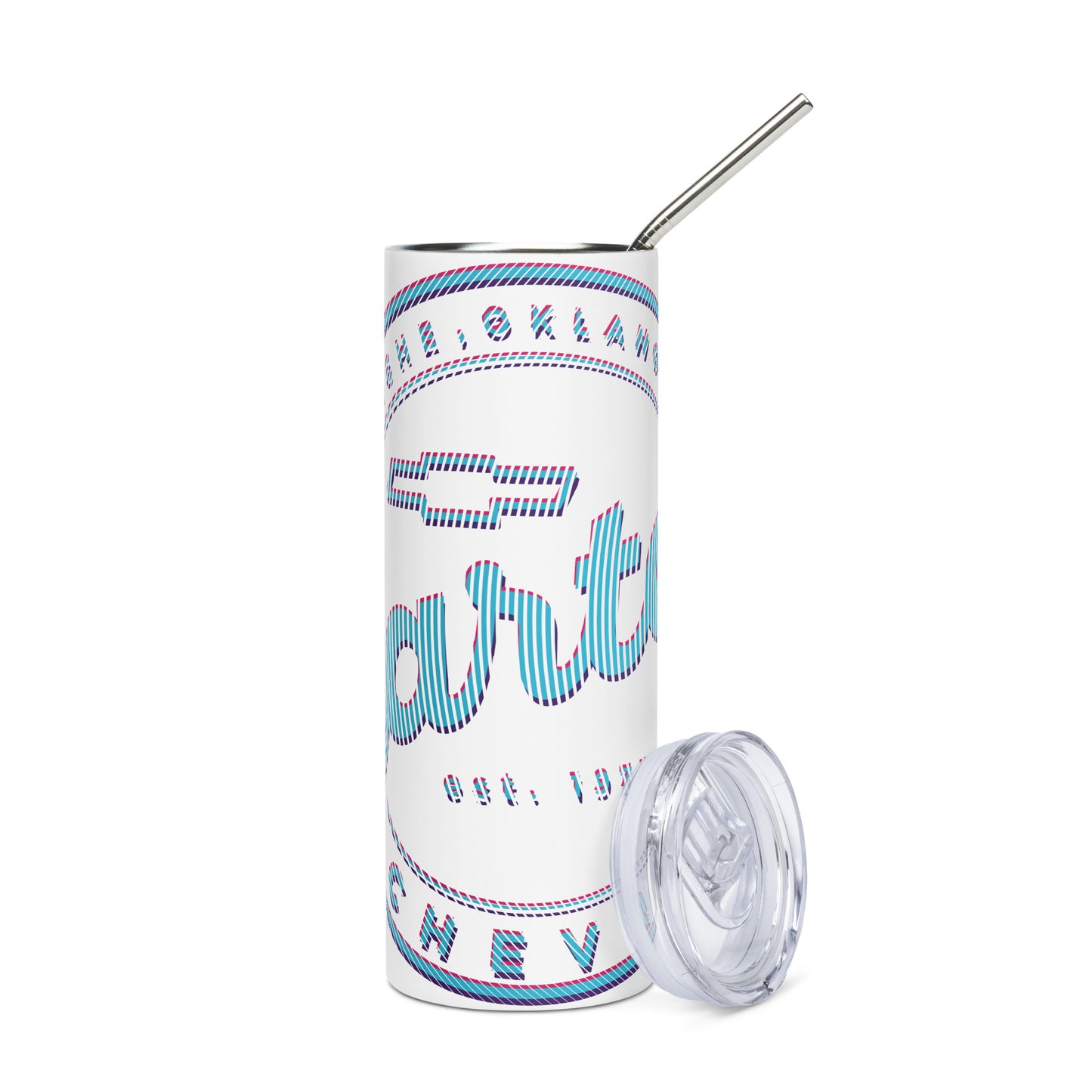 Stainless Steel Tumbler - Blue Pink & Purple Lines Round Carter Logo